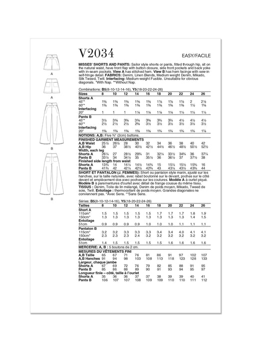 Patron Vogue - Pantalon, Short Patron Vogue 