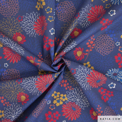 Poplin Red & Blue Dahlias Tissus Katia 