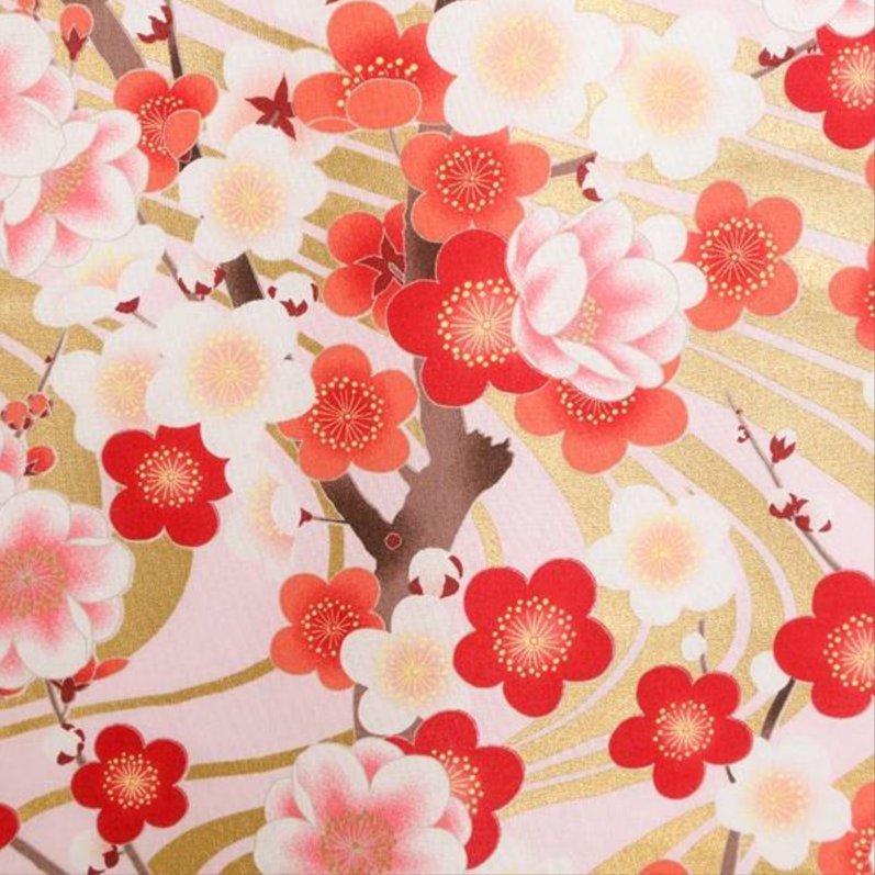 Collier Sautoir Tissu Imprimé Japonais Fleurs Rouge écru Avec Pompon Soie Argent - Neuf Sans Emballage