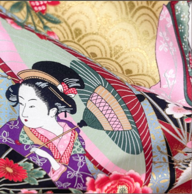 Tissu Japonais - Gris Pivoines Oiseaux - NAKA FABRICS Tissus Naka Fabrics 