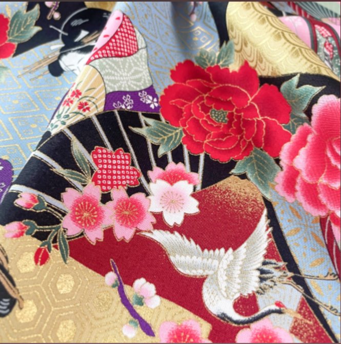 Tissu Japonais - Gris Pivoines Oiseaux - NAKA FABRICS Tissus Naka Fabrics 