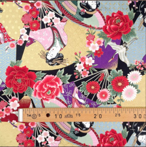 Tissu Japonais - Gris Pivoines Oiseaux - NAKA FABRICS Tissus Naka Fabrics 