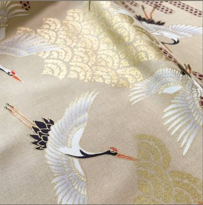 Tissu Japonais - Grues et Pins sur Beige Naturel - NAKA FABRICS Tissus Naka Fabrics 