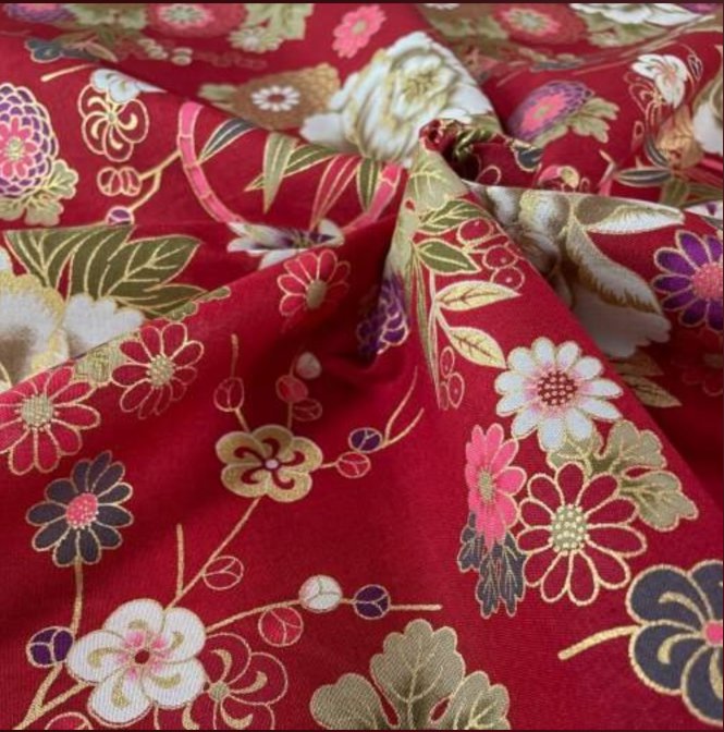 Tissu Japonais - Jardin Précieux sur Rouge Bordeaux - NAKA FABRICS Tissus Naka Fabrics 