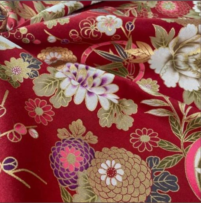 Tissu Japonais - Jardin Précieux sur Rouge Bordeaux - NAKA FABRICS Tissus Naka Fabrics 