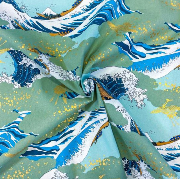 Tissu Japonais - Vagues Hokusai Bleu Ciel et Or - NAKA FABRICS Tissus Naka Fabrics 