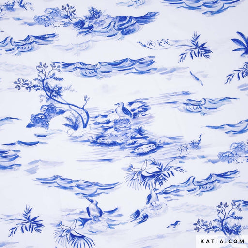 Viscose Print Blue Birds Sea Tissus Katia 
