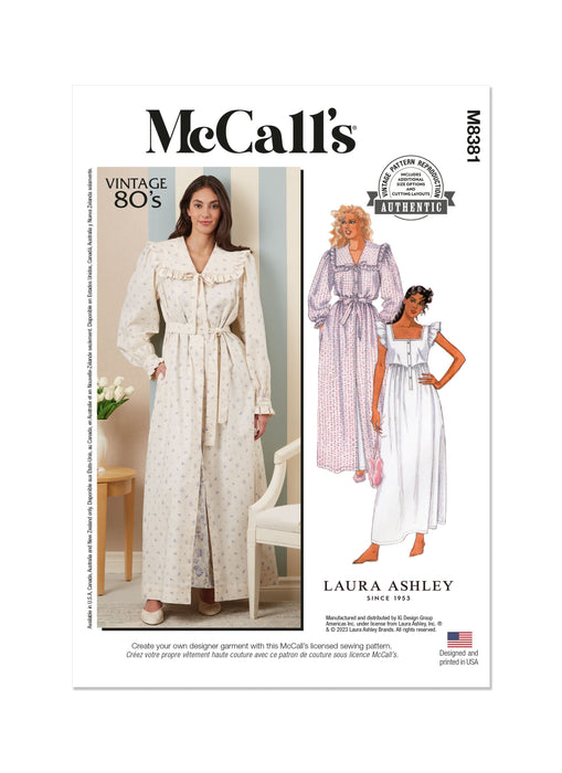 Patron Laura Ashley - Ceinture, Chemise, Chemise de nuit, Corsage, Haut, Robe, Robe de chambre Patron McCall's 
