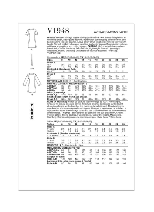 Patron Vogue - Ceinture, Kimono, Robe Patron Vogue 